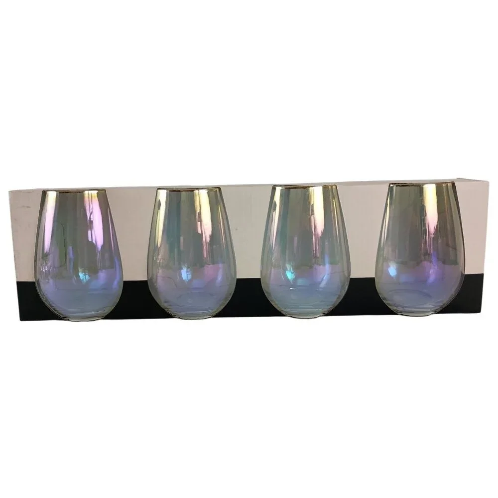 Set of 4 Rachel Zoe Iridescent Stemless Wine Glasses Gold Rim 20oz. New